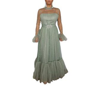 Women's Green Tulle Evening Gown with Sheer Sleeves Rhinestone Belt Size S